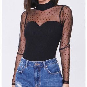 NWT Almost Famous Sheer Mesh Long Sleeve Swiss Dot Mock Neck Ribbed Body Size S